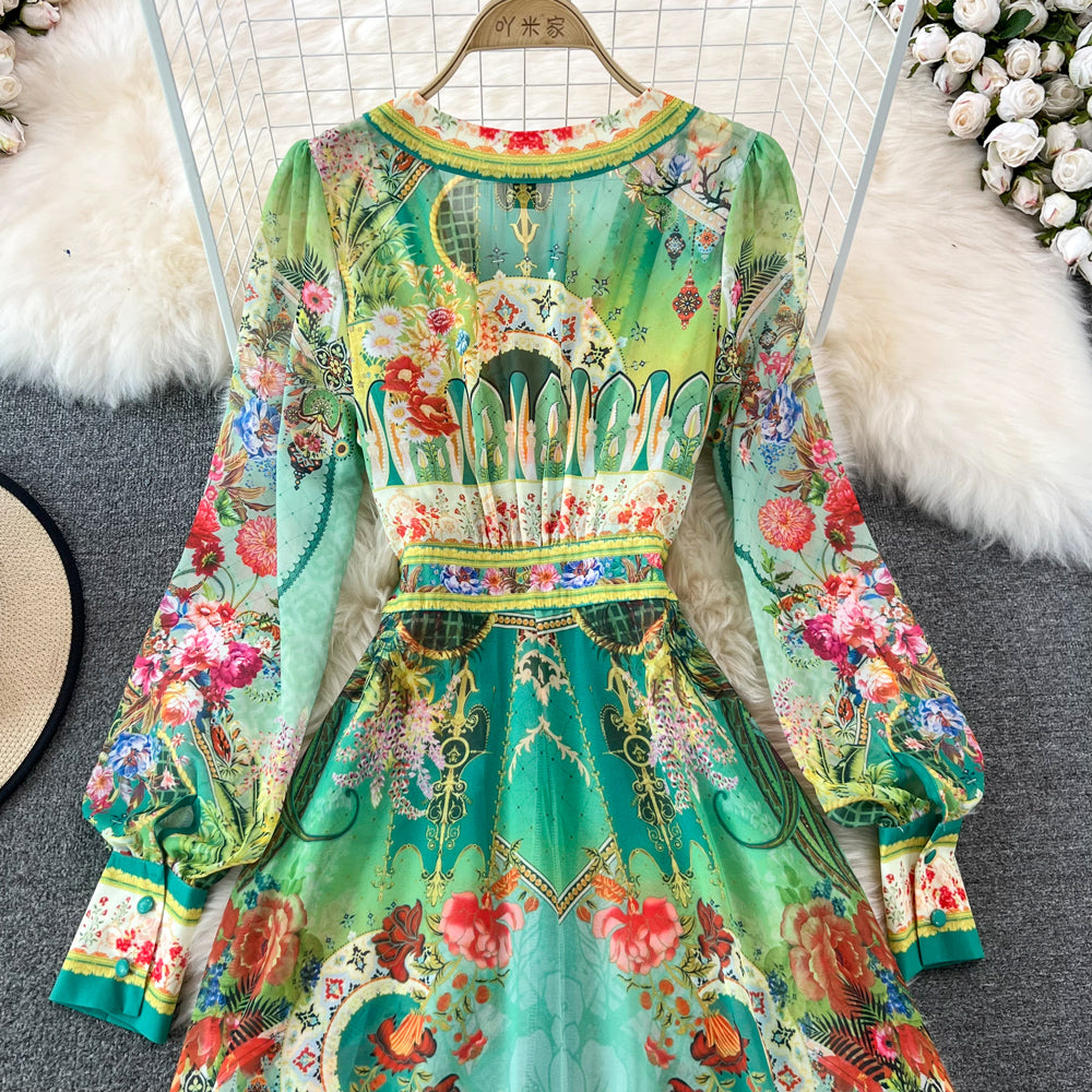 Elegant Chiffon Deep V Neckline Print Maxi Dress