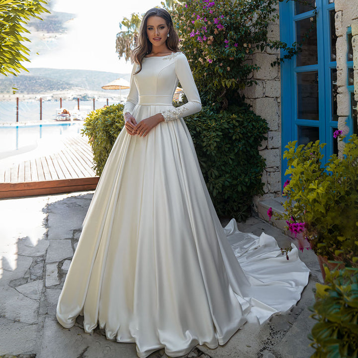 HERMIONE<br>Satin Long Sleeve Beaded Sweep Train A-Line Button-up Wedding Gown
