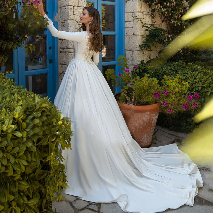 HERMIONE<br>Satin Long Sleeve Beaded Sweep Train A-Line Button-up Wedding Gown