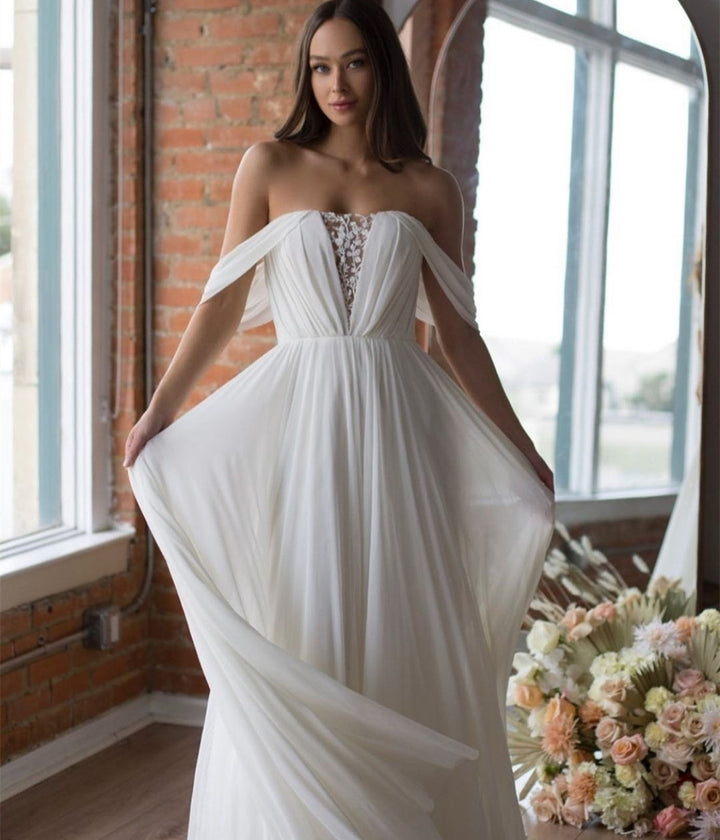 ATHENA<br>Ancient Greek Goddess Inspired Off-the-Shoulder Chiffon Sweetheart Neckline Pleated Wedding Dress