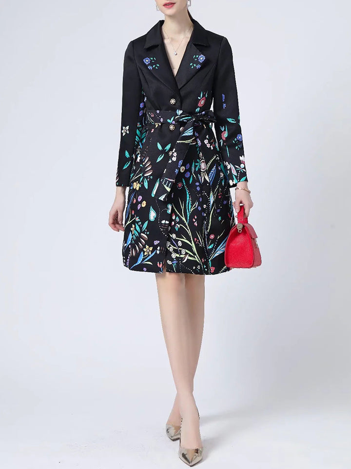 A STROLL DOWN THE CHAMPS ELYSEES<br>Elegant Flower Print Long Sleeves Single-Breasted Long Trench Coat