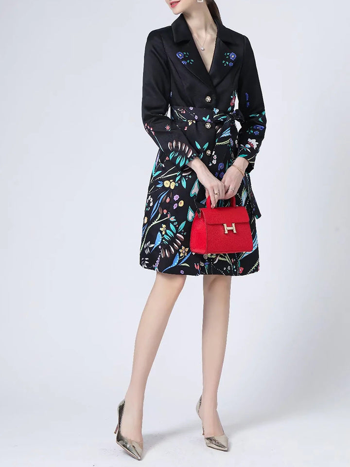 A STROLL DOWN THE CHAMPS ELYSEES<br>Elegant Flower Print Long Sleeves Single-Breasted Long Trench Coat