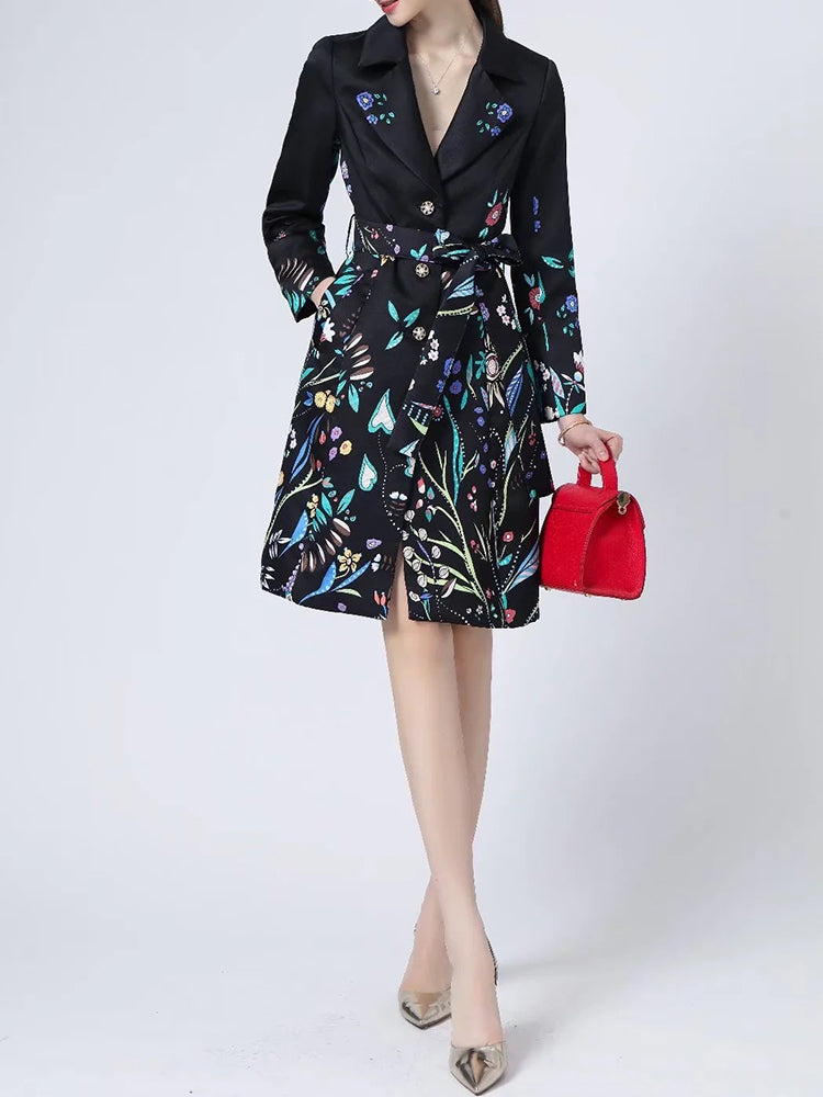 A STROLL DOWN THE CHAMPS ELYSEES<br>Elegant Flower Print Long Sleeves Single-Breasted Long Trench Coat
