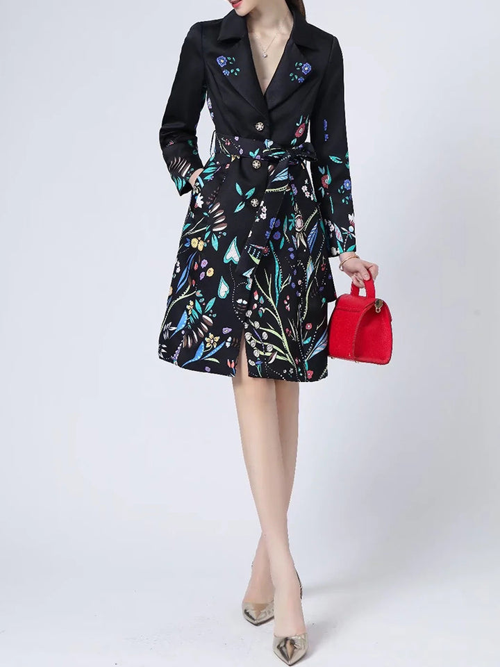 A STROLL DOWN THE CHAMPS ELYSEES<br>Elegant Flower Print Long Sleeves Single-Breasted Long Trench Coat