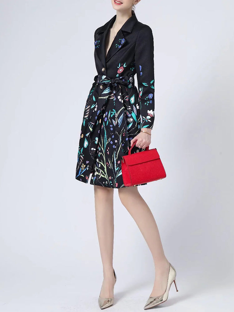 A STROLL DOWN THE CHAMPS ELYSEES<br>Elegant Flower Print Long Sleeves Single-Breasted Long Trench Coat