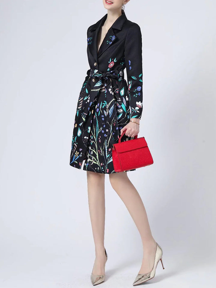 A STROLL DOWN THE CHAMPS ELYSEES<br>Elegant Flower Print Long Sleeves Single-Breasted Long Trench Coat