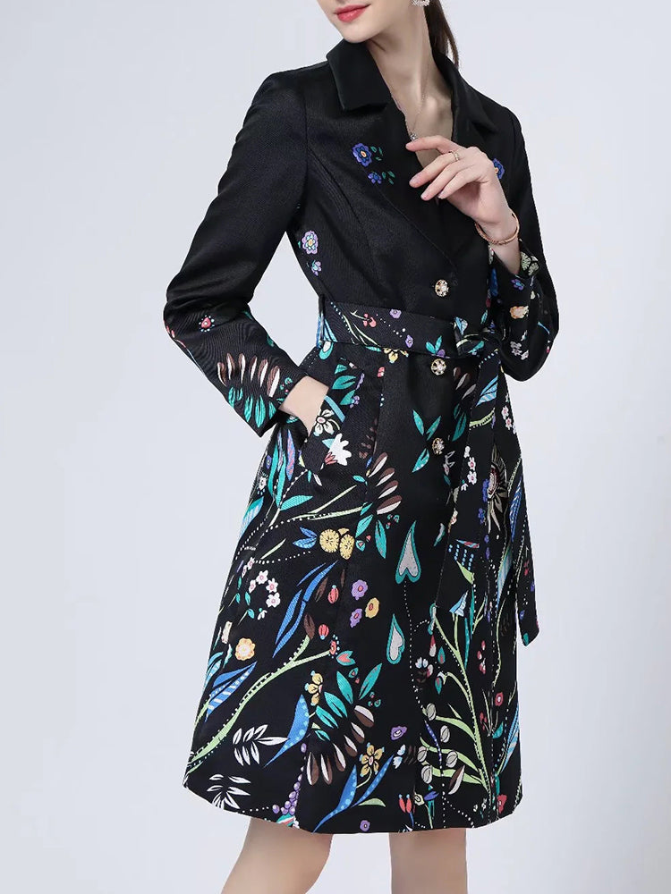 A STROLL DOWN THE CHAMPS ELYSEES<br>Elegant Flower Print Long Sleeves Single-Breasted Long Trench Coat