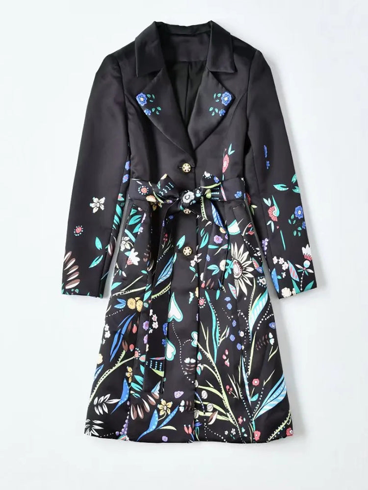 A STROLL DOWN THE CHAMPS ELYSEES<br>Elegant Flower Print Long Sleeves Single-Breasted Long Trench Coat