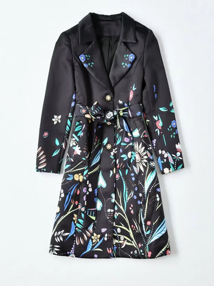 A STROLL DOWN THE CHAMPS ELYSEES<br>Elegant Flower Print Long Sleeves Single-Breasted Long Trench Coat