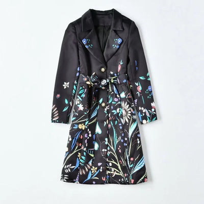 A STROLL DOWN THE CHAMPS ELYSEES<br>Elegant Flower Print Long Sleeves Single-Breasted Long Trench Coat