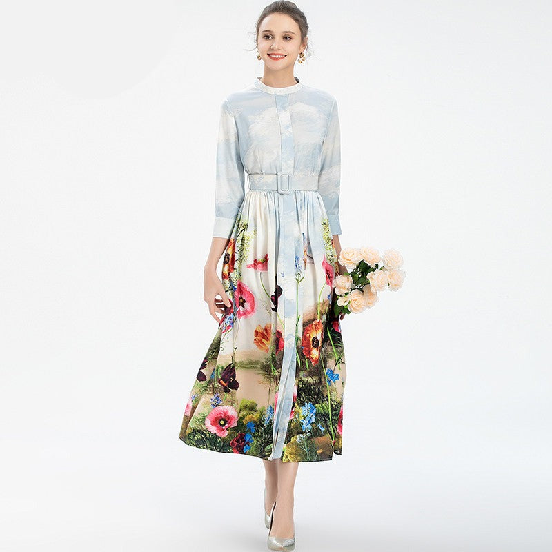 Elegant Ankle-Length O-Neck Slim Sash Long Sleeves Flower Plant Print Long Dress
