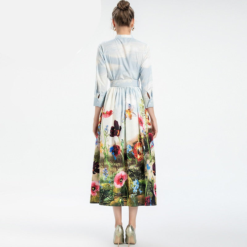 Elegant Ankle-Length O-Neck Slim Sash Long Sleeves Flower Plant Print Long Dress