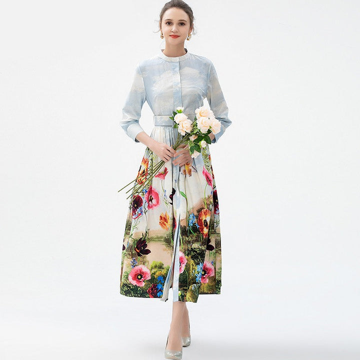 Elegant Ankle-Length O-Neck Slim Sash Long Sleeves Flower Plant Print Long Dress