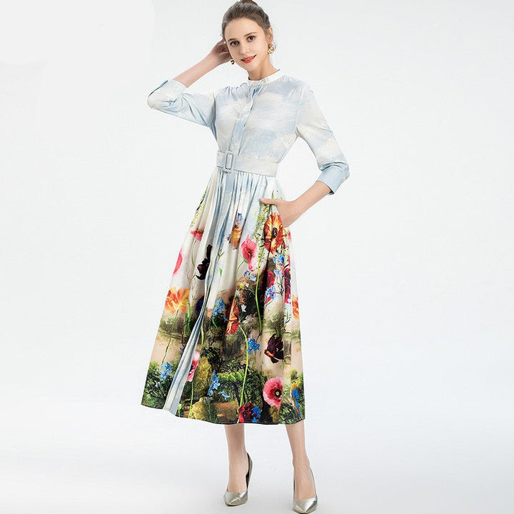Elegant Ankle-Length O-Neck Slim Sash Long Sleeves Flower Plant Print Long Dress