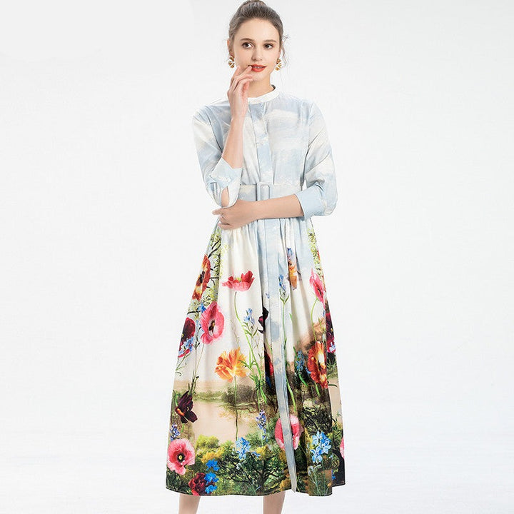 Elegant Ankle-Length O-Neck Slim Sash Long Sleeves Flower Plant Print Long Dress