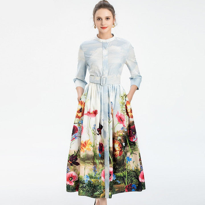 Elegant Ankle-Length O-Neck Slim Sash Long Sleeves Flower Plant Print Long Dress