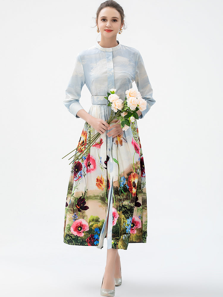 Elegant Ankle-Length O-Neck Slim Sash Long Sleeves Flower Plant Print Long Dress