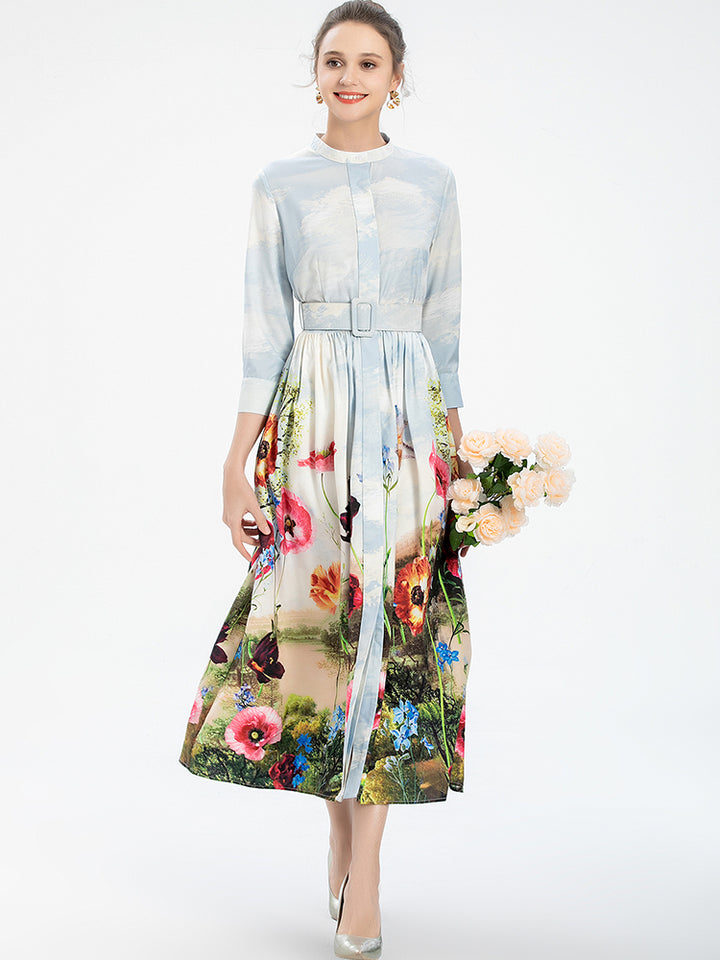Elegant Ankle-Length O-Neck Slim Sash Long Sleeves Flower Plant Print Long Dress